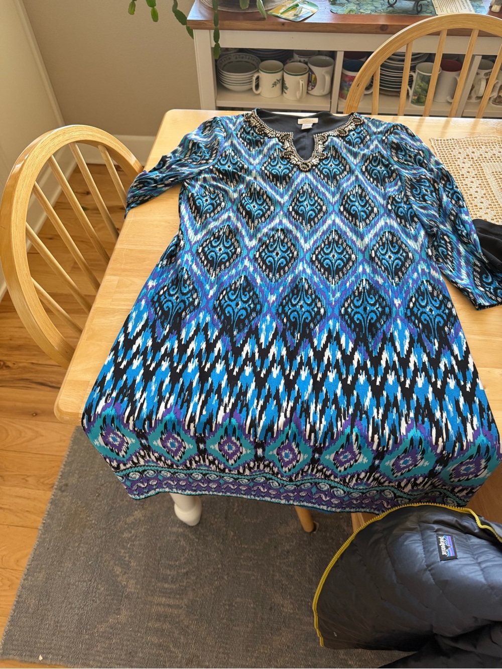 Chico's Blue, Teal and Black Printed Long-Sleeve Dress with Beaded V-Neck